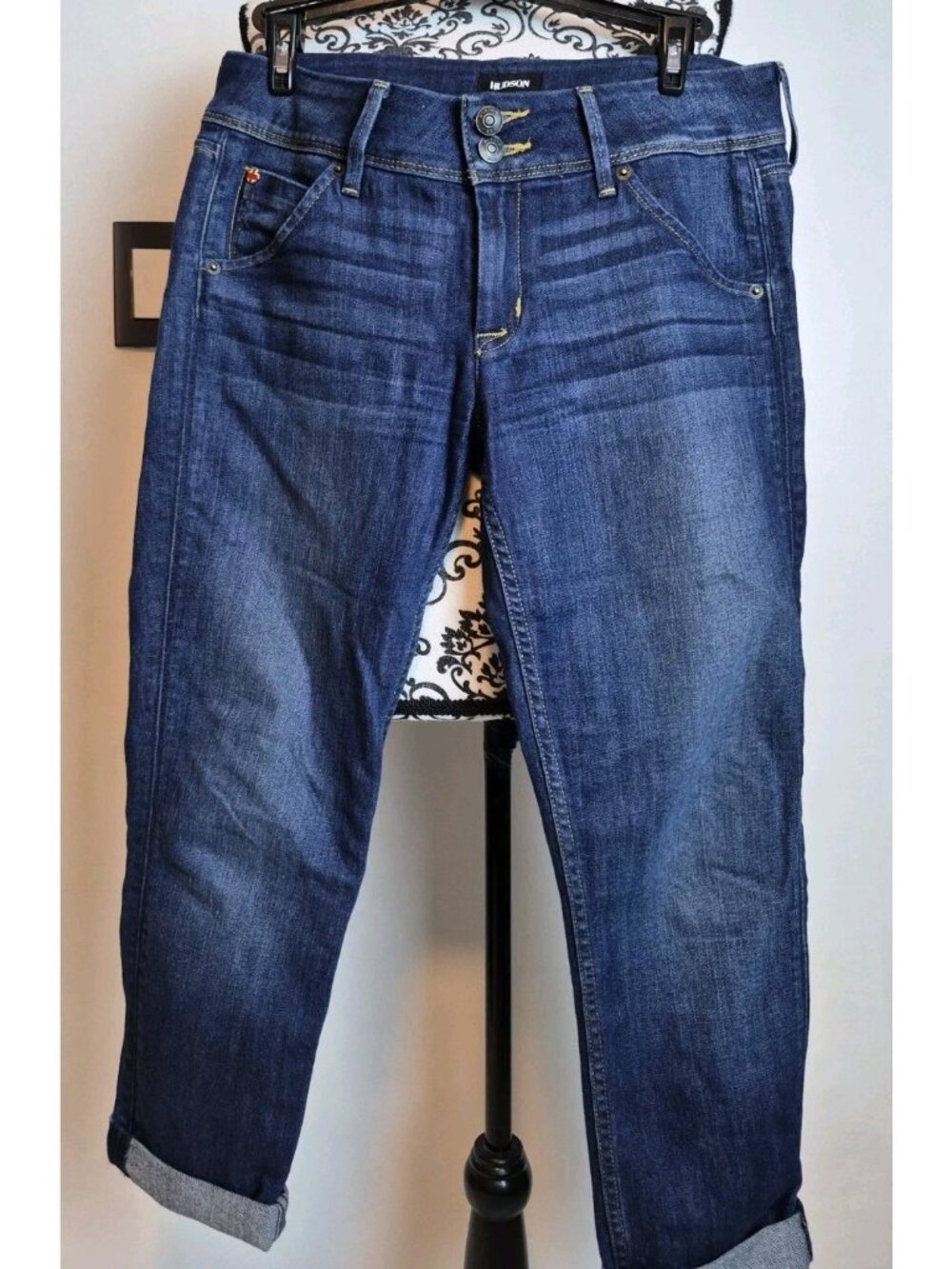 Hudson Jeans Womens 29 Dark Wash Boyfriend Cuffed Flap Pocket Stretch Denim